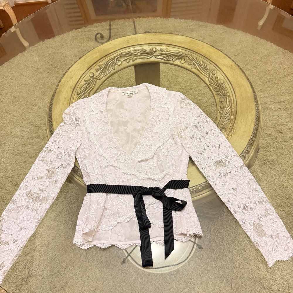 CHETTA B Blouse Sherrie Bloom Peter Noviello Lace Blouse Vintage White 6